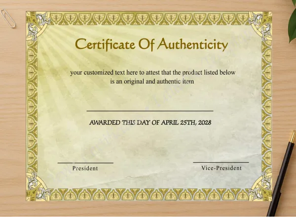 Professional preview of Editable Certificate Of Authenticity certificate on high-quality stationery paper, ideal for showcasing the final look.