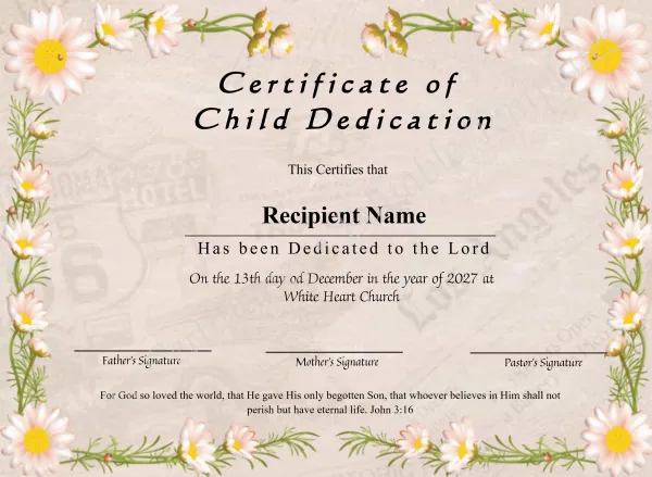 Editable Certificate Of Child Dedication