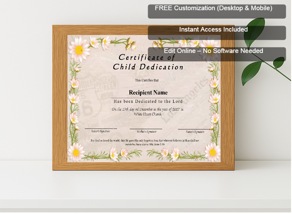 Premium mockup with Free Editor badge stack for Editable Certificate Of Child Dedication
