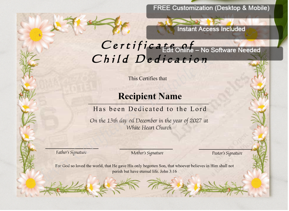 Framed preview featuring Free Editor badge stack for Editable Certificate Of Child Dedication
