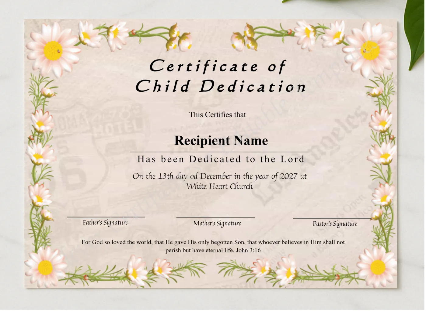Editable Certificate Of Child Dedication presented in a sleek wooden frame, elegantly arranged on a stylish table.