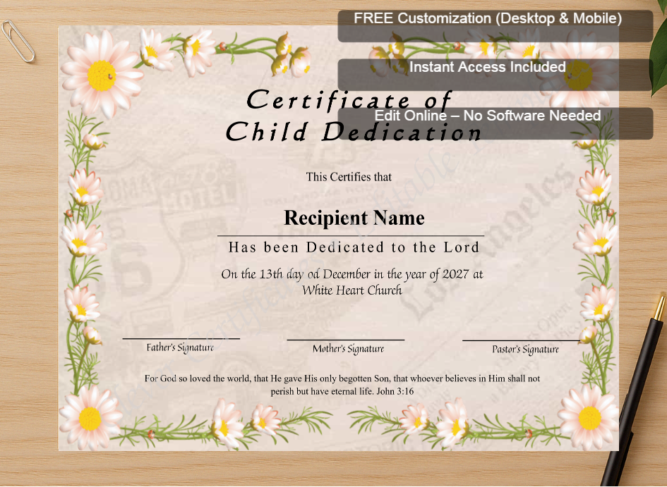 Zoomed preview with Free Editor badge stack for Editable Certificate Of Child Dedication