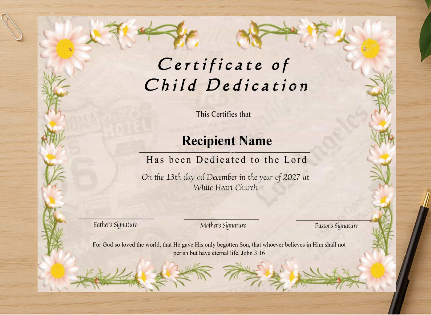 Professional preview of Editable Certificate Of Child Dedication certificate on high-quality stationery paper, ideal for showcasing the final look.