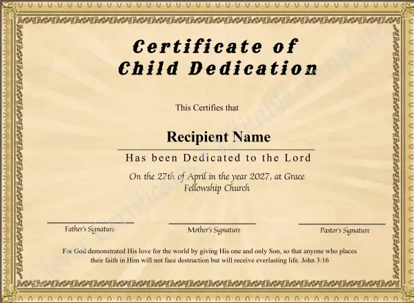 Printable Certificate Of Child Dedication