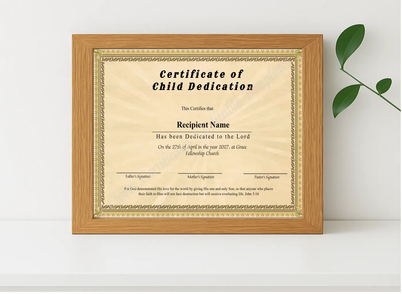 Realistic mockup featuring Printable Certificate Of Child Dedication displayed within a modern frame, set against a minimalistic background.