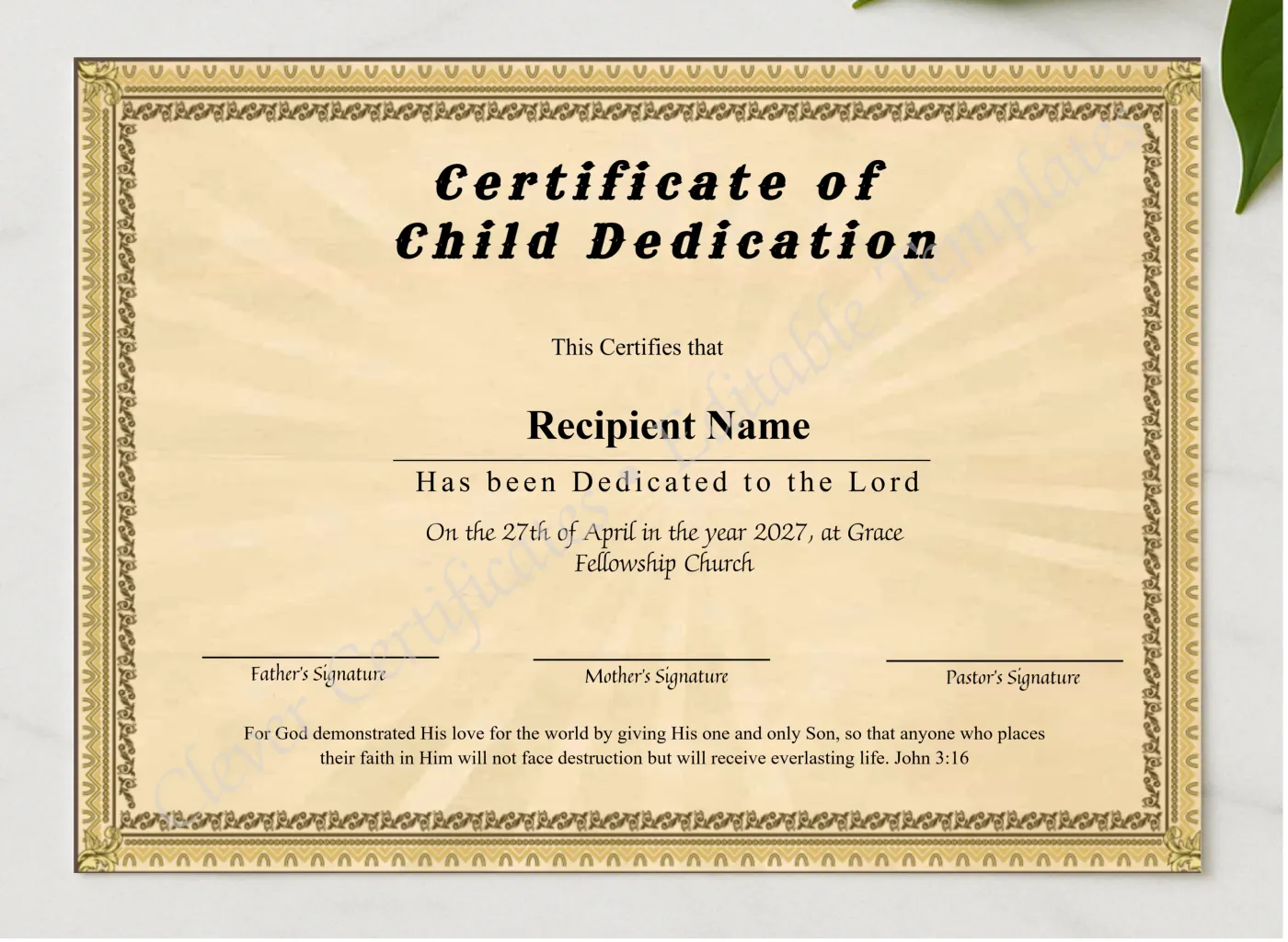 Printable Certificate Of Child Dedication presented in a sleek wooden frame, elegantly arranged on a stylish table.