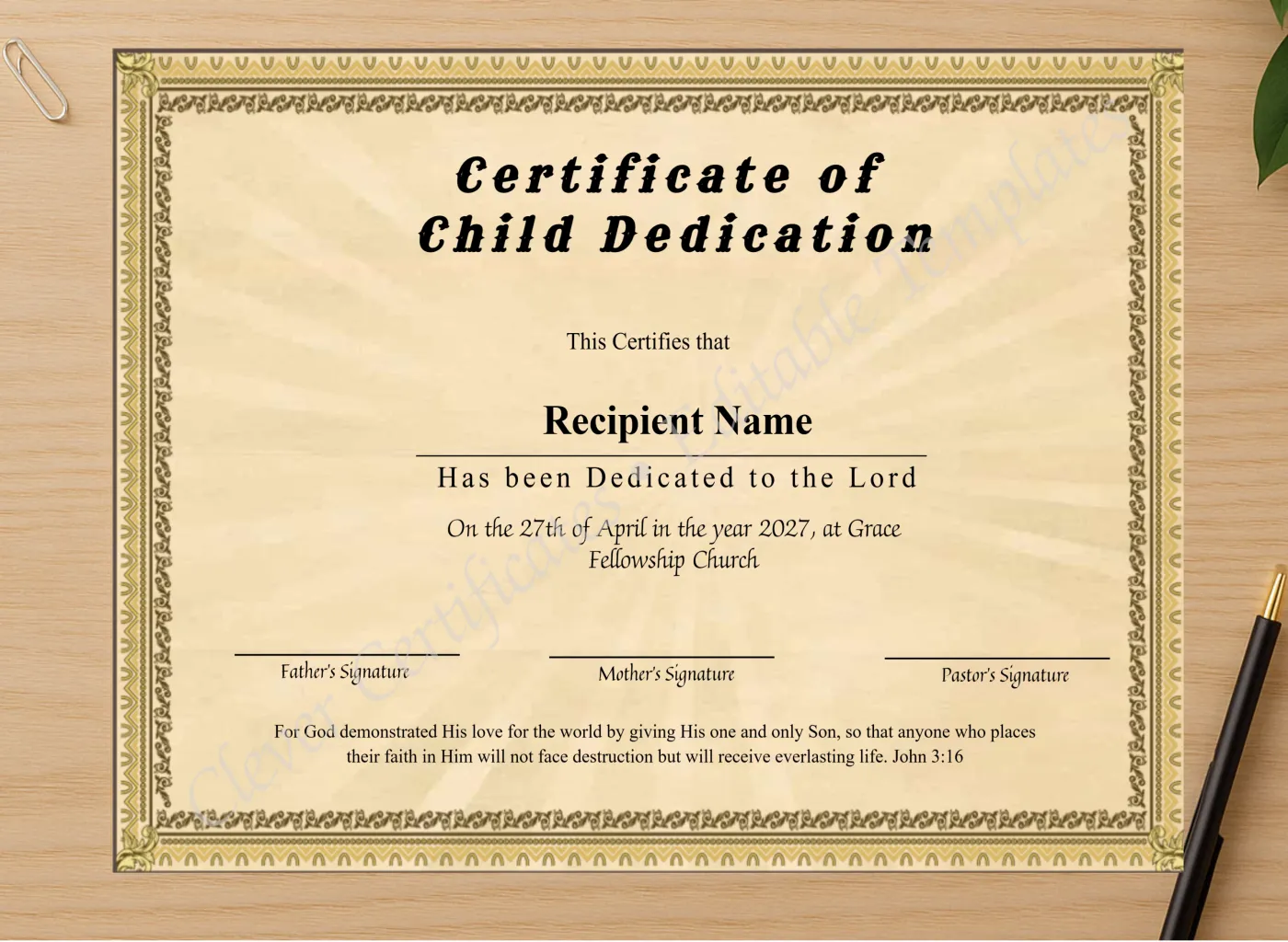 Professional preview of Printable Certificate Of Child Dedication certificate on high-quality stationery paper, ideal for showcasing the final look.