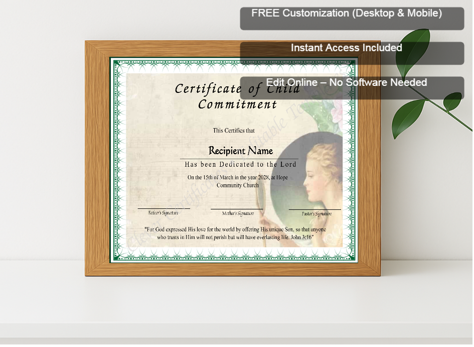 Premium mockup with Free Editor badge stack for Downloadable Certificate Of Child Dedication