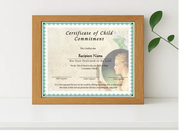 Realistic mockup featuring Downloadable Certificate Of Child Dedication displayed within a modern frame, set against a minimalistic background.