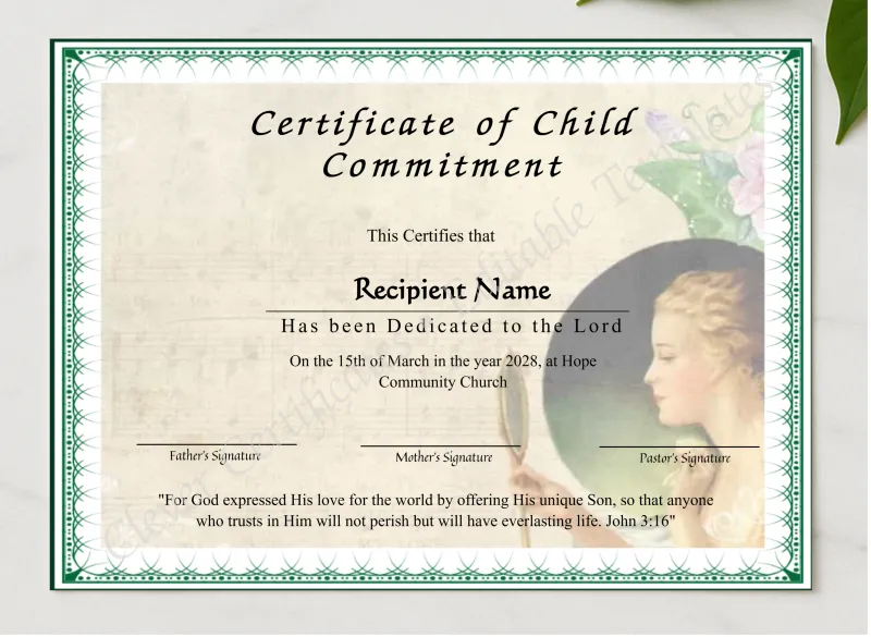 Downloadable Certificate Of Child Dedication presented in a sleek wooden frame, elegantly arranged on a stylish table.