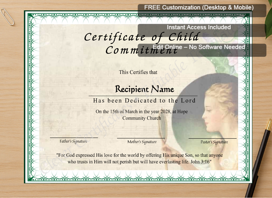 Zoomed preview with Free Editor badge stack for Downloadable Certificate Of Child Dedication