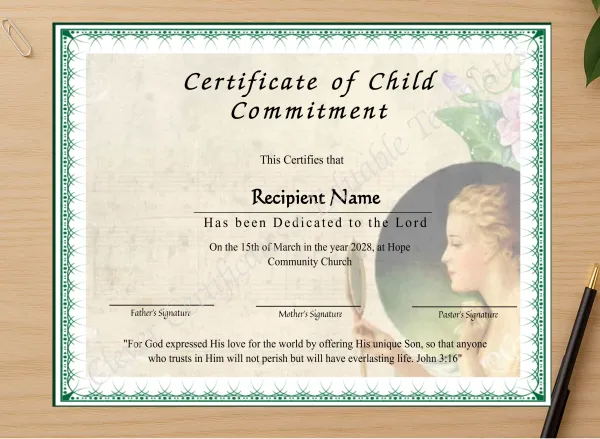 Professional preview of Downloadable Certificate Of Child Dedication certificate on high-quality stationery paper, ideal for showcasing the final look.