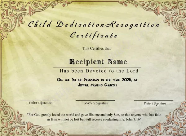 Child Dedication Recognition Certificate