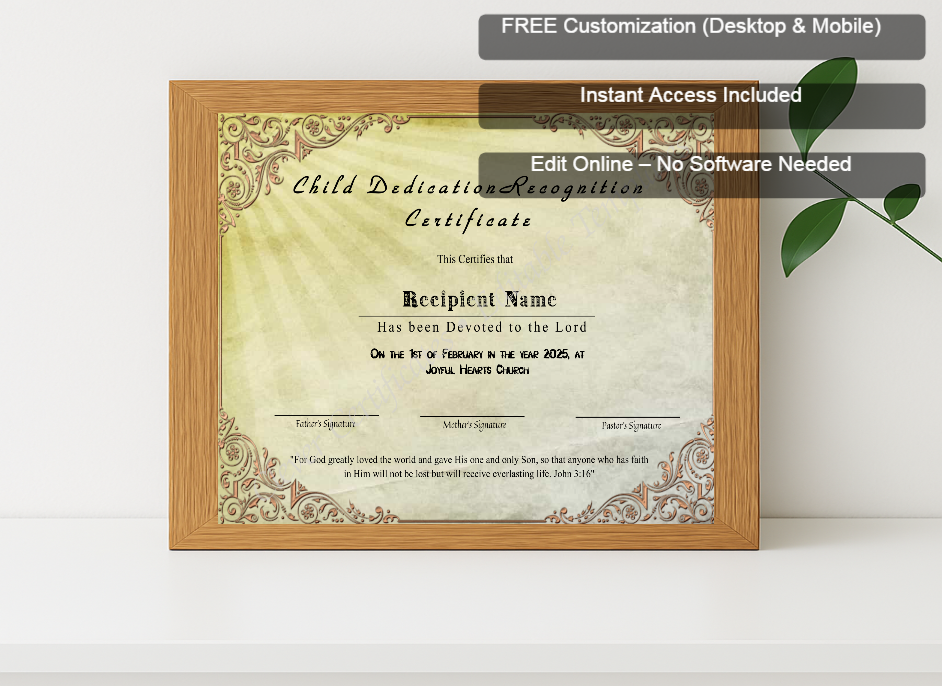 Premium mockup with Free Editor badge stack for Child Dedication Recognition Certificate