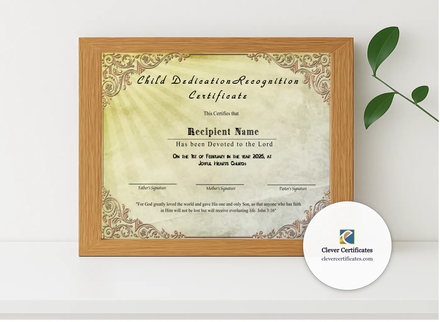 Realistic mockup featuring Child Dedication Recognition Certificate displayed within a modern frame, set against a minimalistic background.