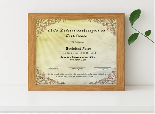 Realistic mockup featuring Child Dedication Recognition Certificate displayed within a modern frame, set against a minimalistic background.