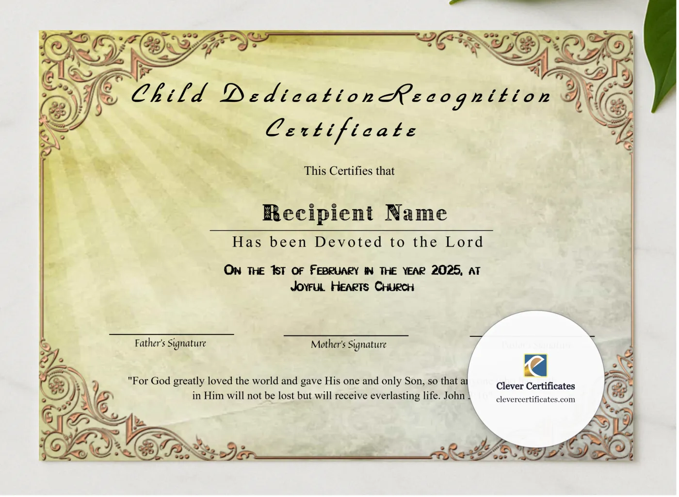 Child Dedication Recognition Certificate presented in a sleek wooden frame, elegantly arranged on a stylish table.