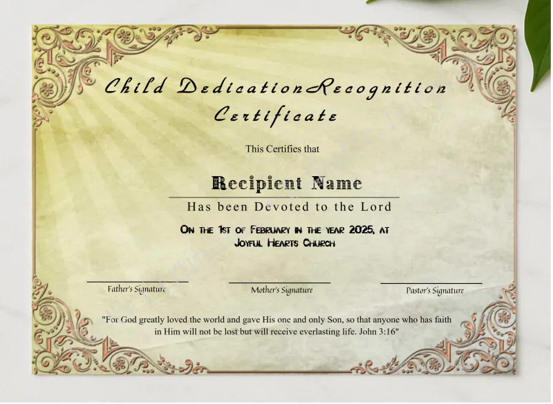 Child Dedication Recognition Certificate presented in a sleek wooden frame, elegantly arranged on a stylish table.