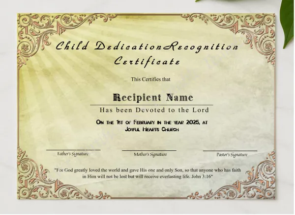 Child Dedication Recognition Certificate presented in a sleek wooden frame, elegantly arranged on a stylish table.