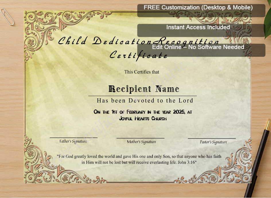 Zoomed preview with Free Editor badge stack for Child Dedication Recognition Certificate