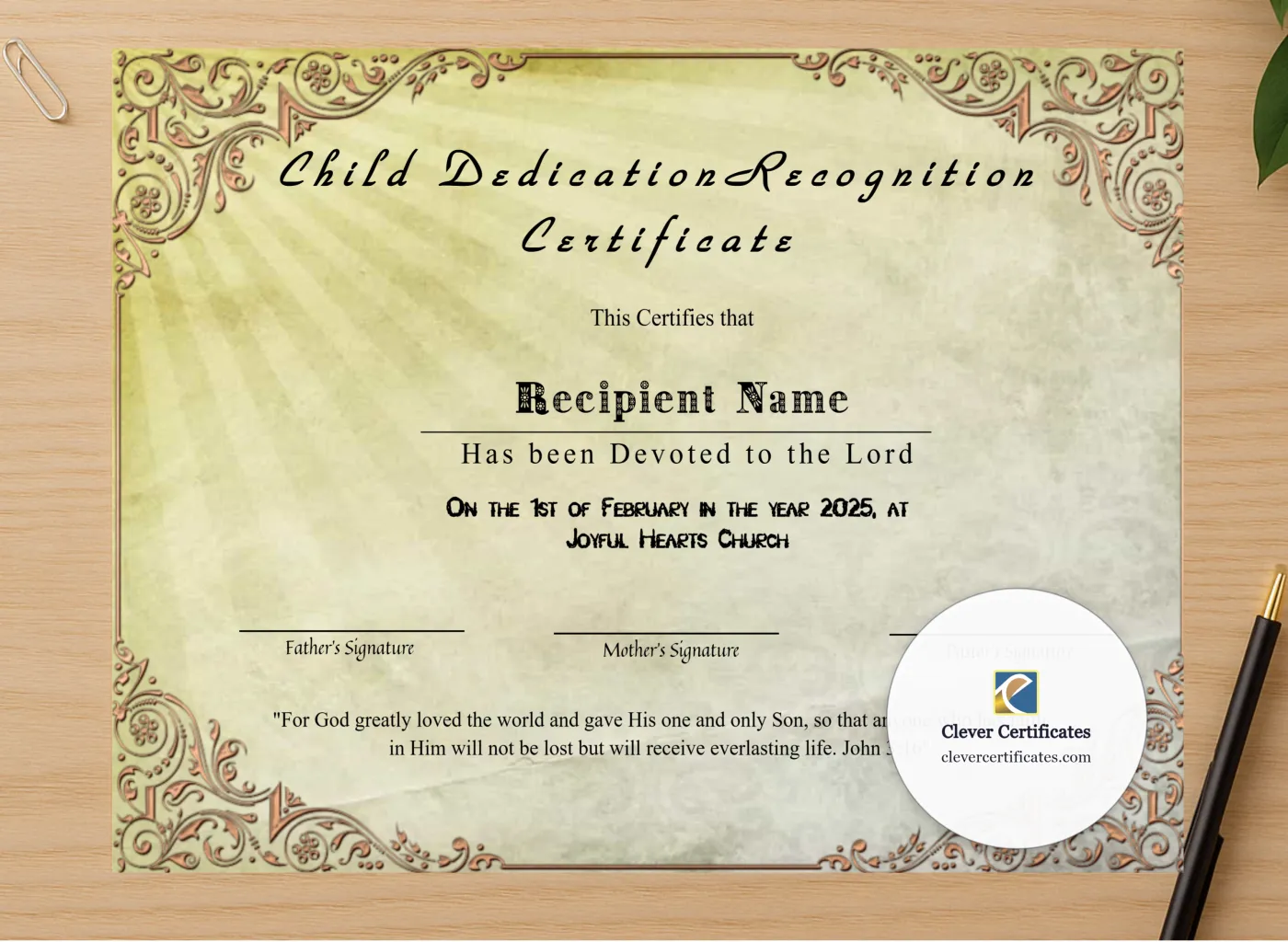 Professional preview of Child Dedication Recognition Certificate certificate on high-quality stationery paper, ideal for showcasing the final look.