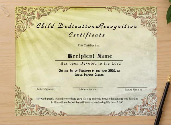 Professional preview of Child Dedication Recognition Certificate certificate on high-quality stationery paper, ideal for showcasing the final look.
