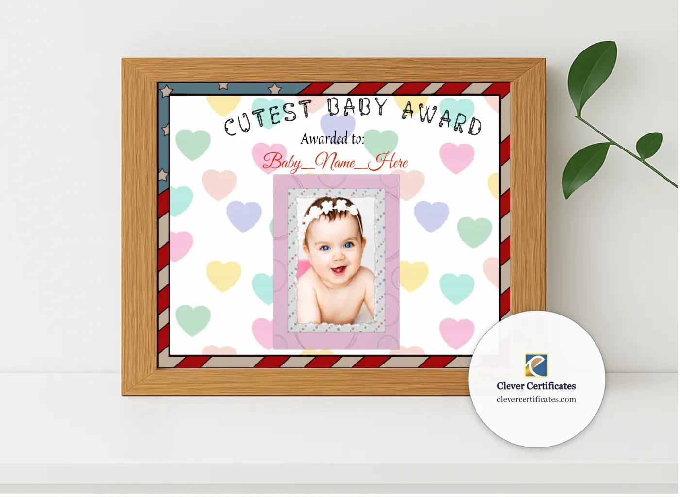 Realistic mockup featuring Cutest Baby Award displayed within a modern frame, set against a minimalistic background.