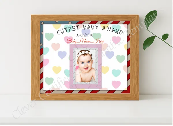 Realistic mockup featuring Cutest Baby Award displayed within a modern frame, set against a minimalistic background.