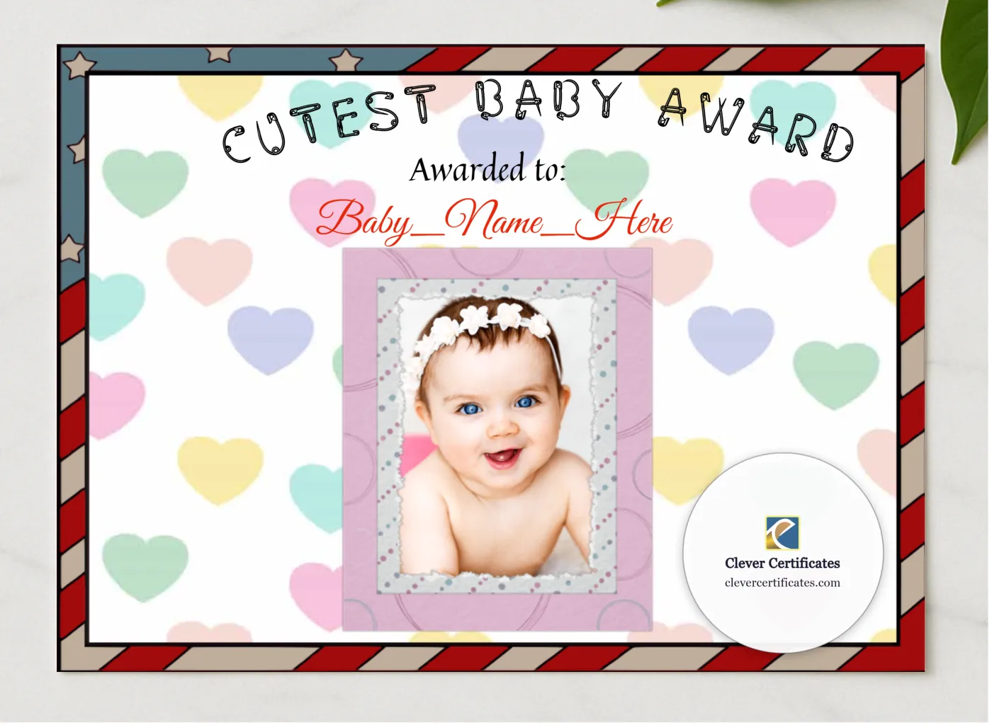 Cutest Baby Award presented in a sleek wooden frame, elegantly arranged on a stylish table.