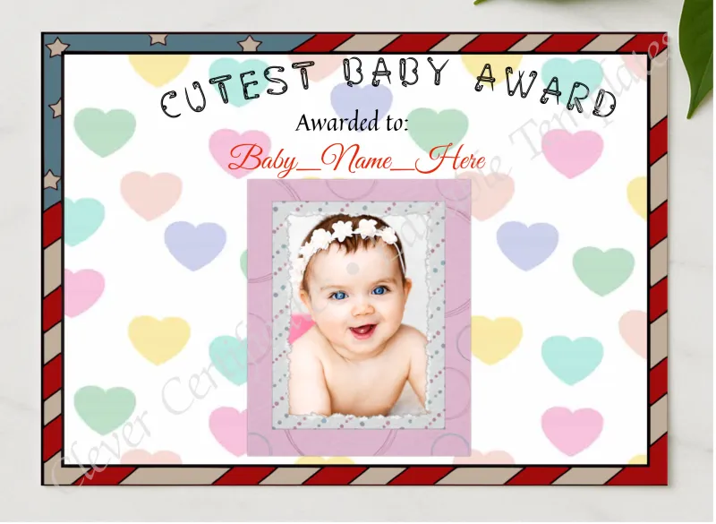 Cutest Baby Award presented in a sleek wooden frame, elegantly arranged on a stylish table.