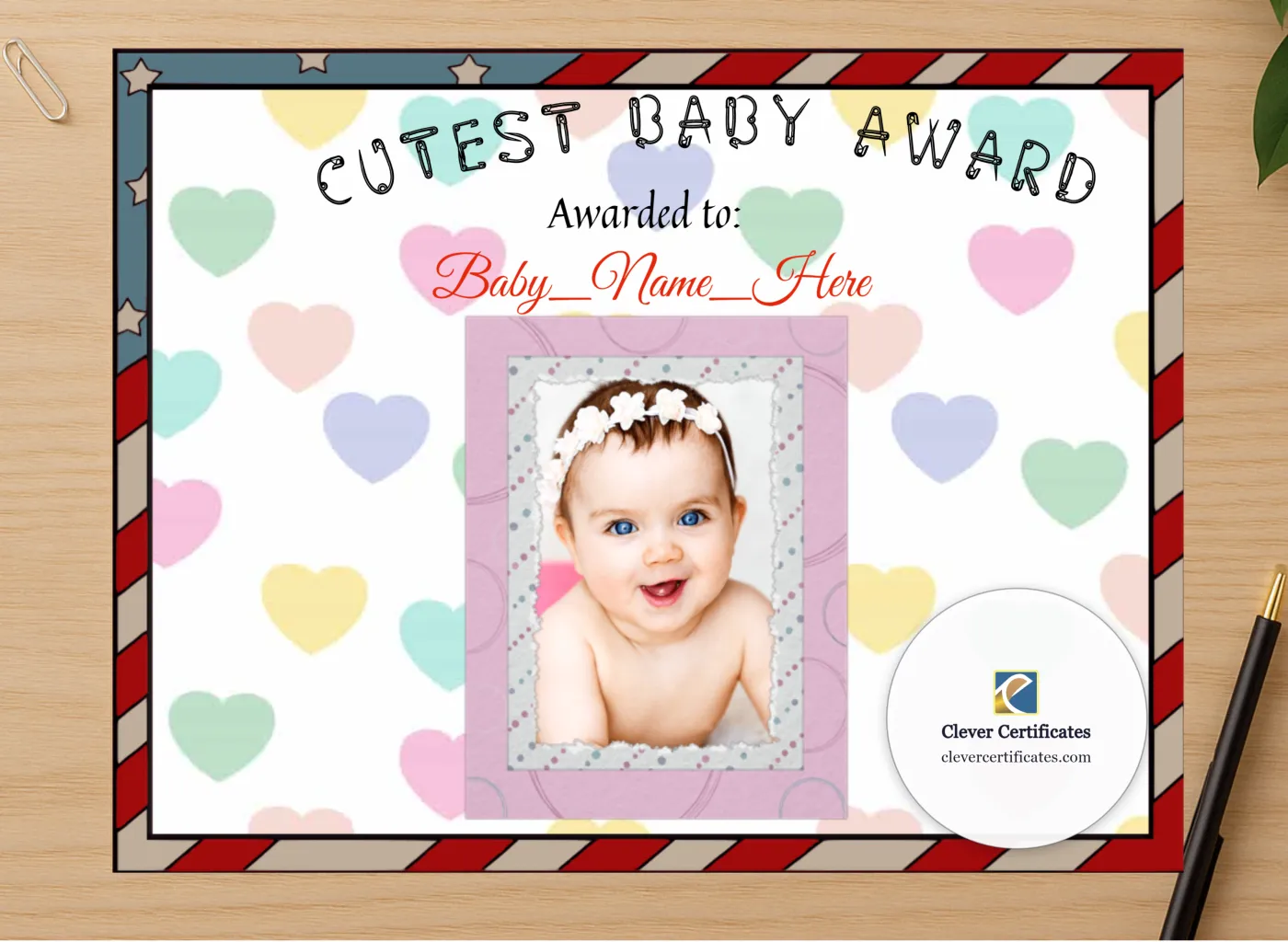 Professional preview of Cutest Baby Award certificate on high-quality stationery paper, ideal for showcasing the final look.