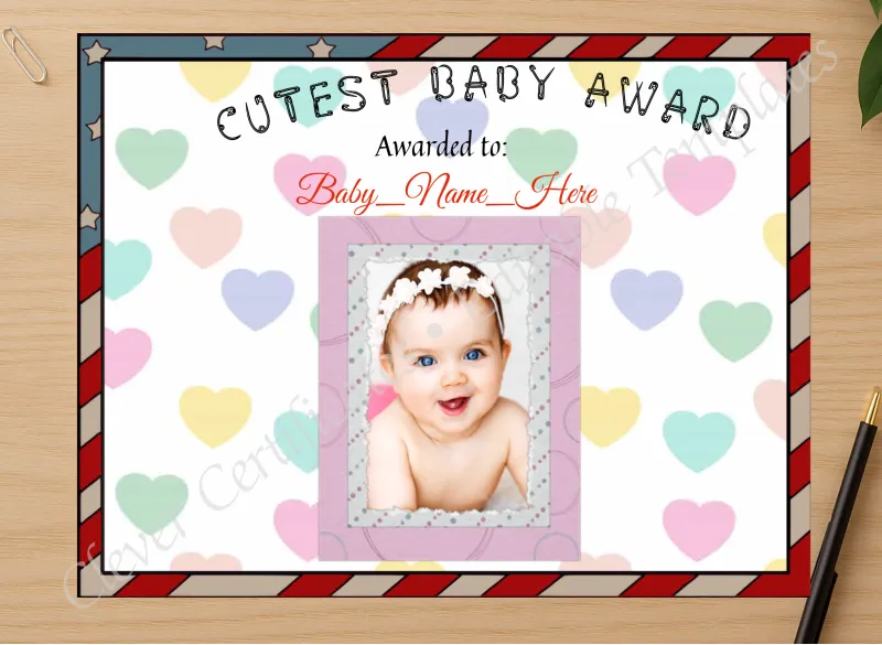 Professional preview of Cutest Baby Award certificate on high-quality stationery paper, ideal for showcasing the final look.