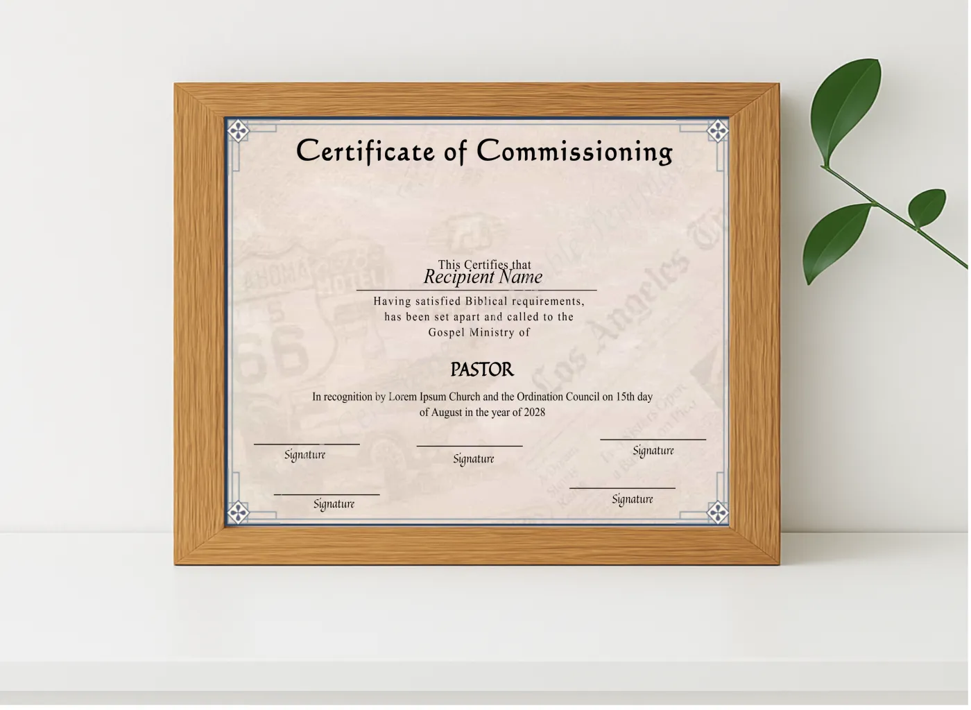 Realistic mockup featuring Editable Commissioning Certificate displayed within a modern frame, set against a minimalistic background.