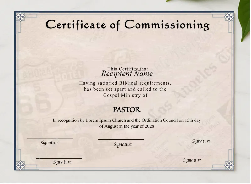 Editable Commissioning Certificate presented in a sleek wooden frame, elegantly arranged on a stylish table.
