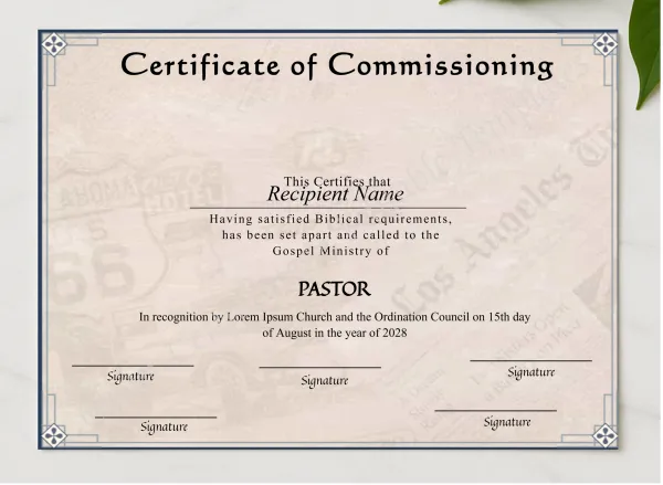Editable Commissioning Certificate presented in a sleek wooden frame, elegantly arranged on a stylish table.