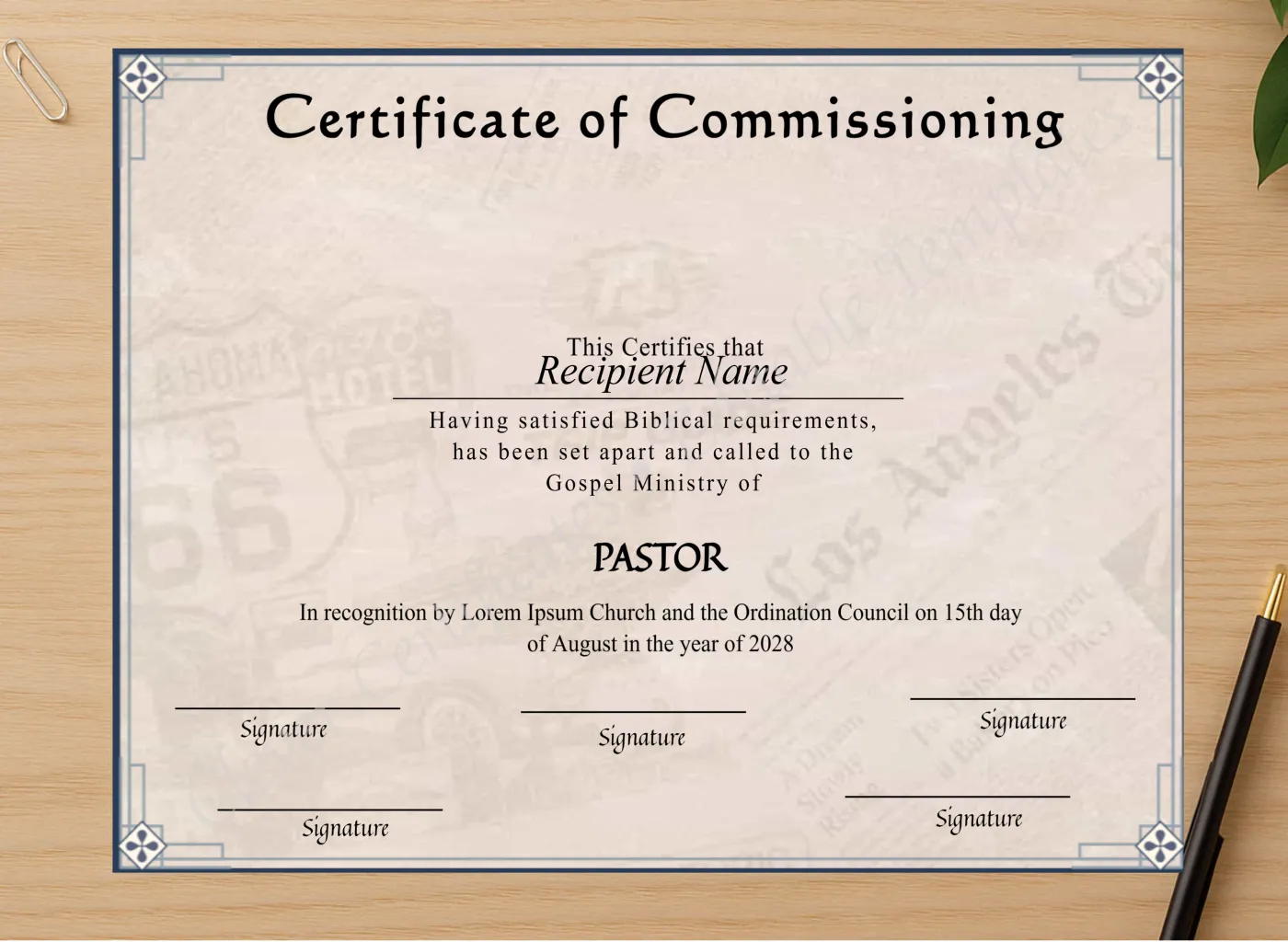 Professional preview of Editable Commissioning Certificate certificate on high-quality stationery paper, ideal for showcasing the final look.