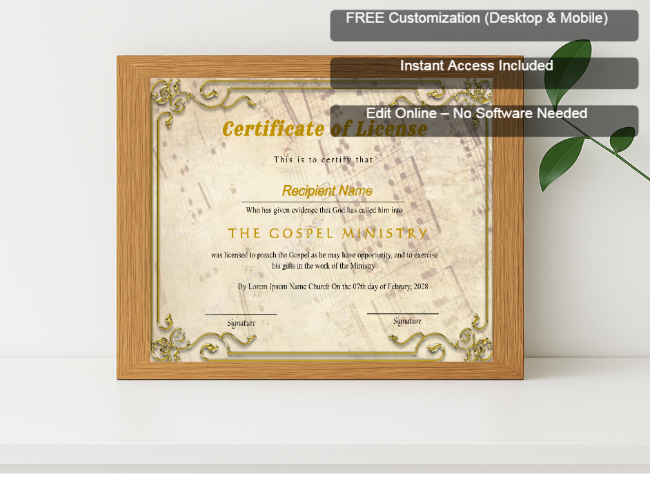 Premium mockup with Free Editor badge stack for Printable Certificate Of License To Preach