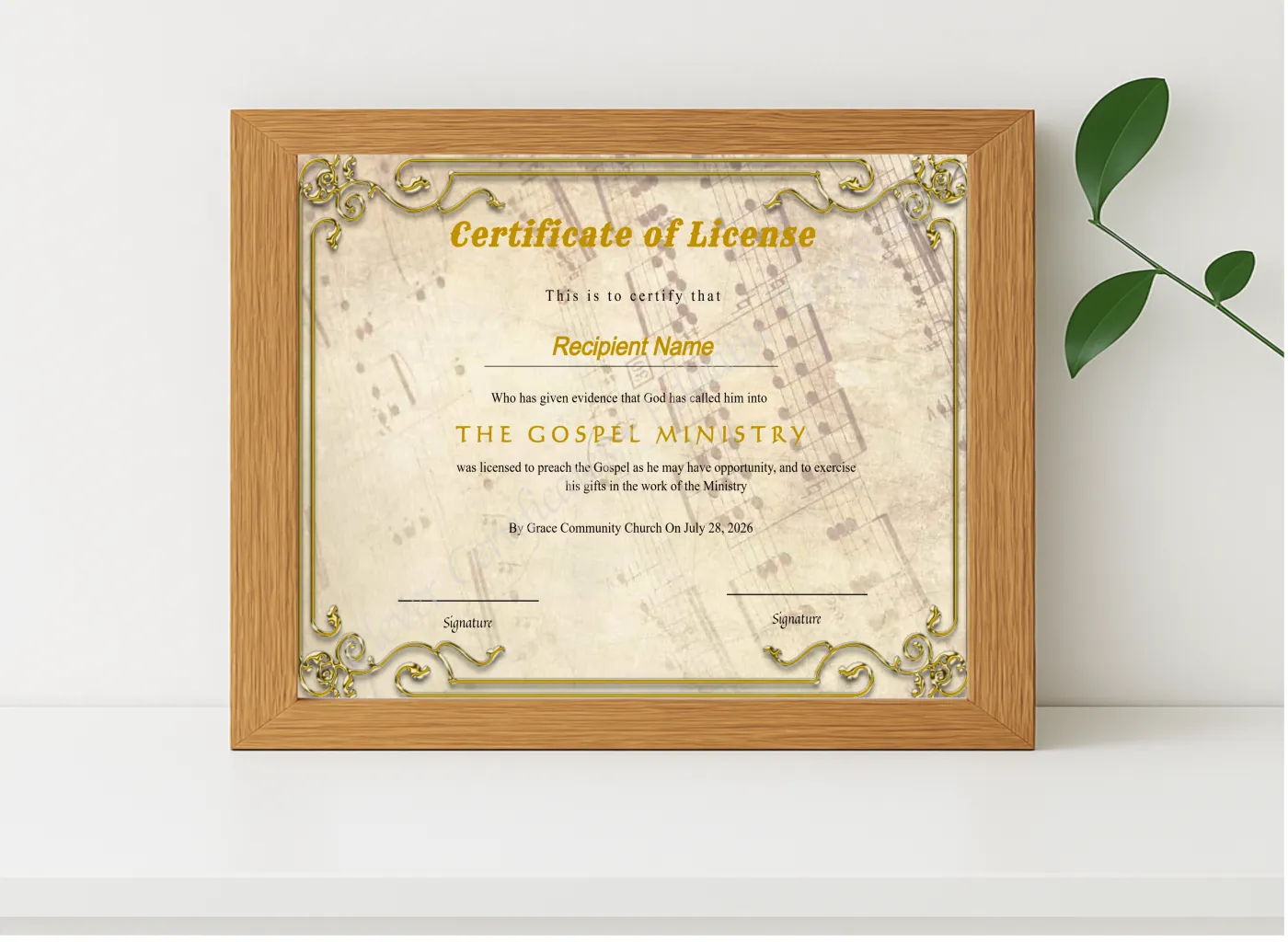 Realistic mockup featuring Printable Certificate Of License To Preach displayed within a modern frame, set against a minimalistic background.