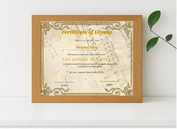 Realistic mockup featuring Printable Certificate Of License To Preach displayed within a modern frame, set against a minimalistic background.