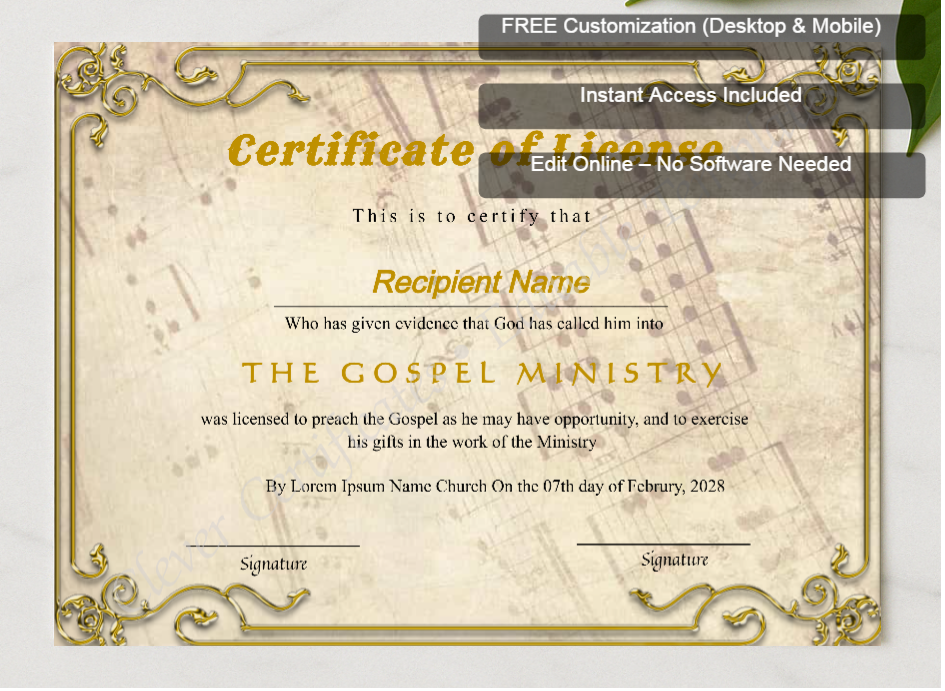 Framed preview featuring Free Editor badge stack for Printable Certificate Of License To Preach