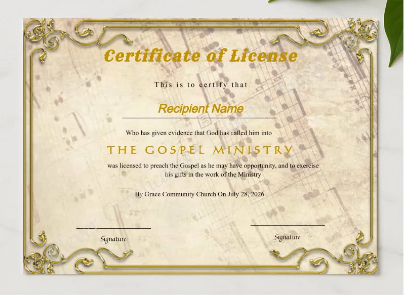 Printable Certificate Of License To Preach presented in a sleek wooden frame, elegantly arranged on a stylish table.