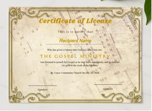 Printable Certificate Of License To Preach presented in a sleek wooden frame, elegantly arranged on a stylish table.