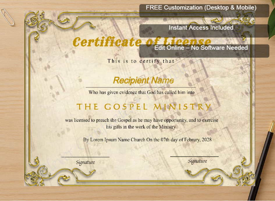 Zoomed preview with Free Editor badge stack for Printable Certificate Of License To Preach
