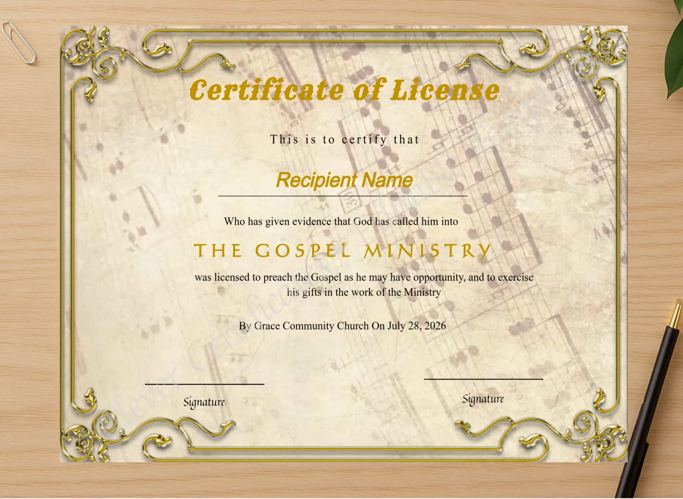 Professional preview of Printable Certificate Of License To Preach certificate on high-quality stationery paper, ideal for showcasing the final look.