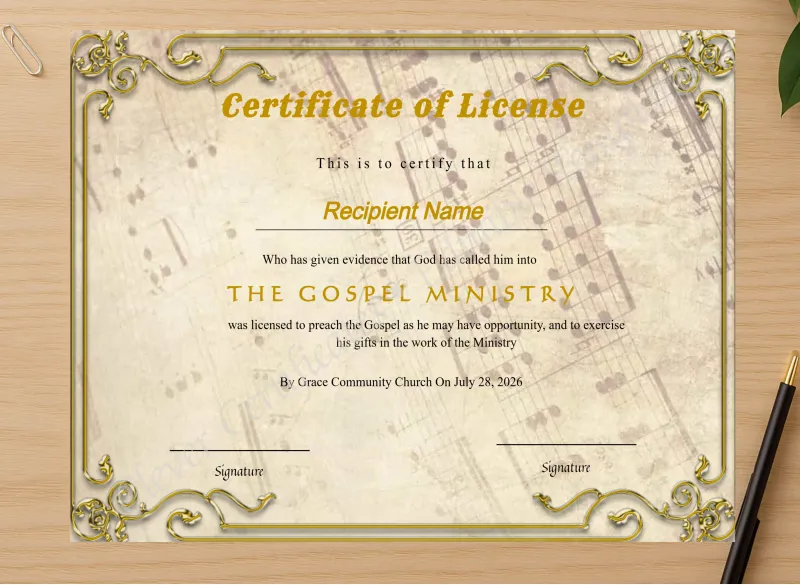 Professional preview of Printable Certificate Of License To Preach certificate on high-quality stationery paper, ideal for showcasing the final look.