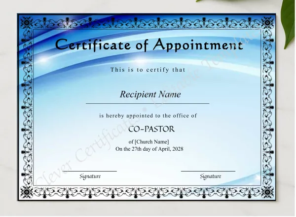 Printable Certificate Of Consecration presented in a sleek wooden frame, elegantly arranged on a stylish table.
