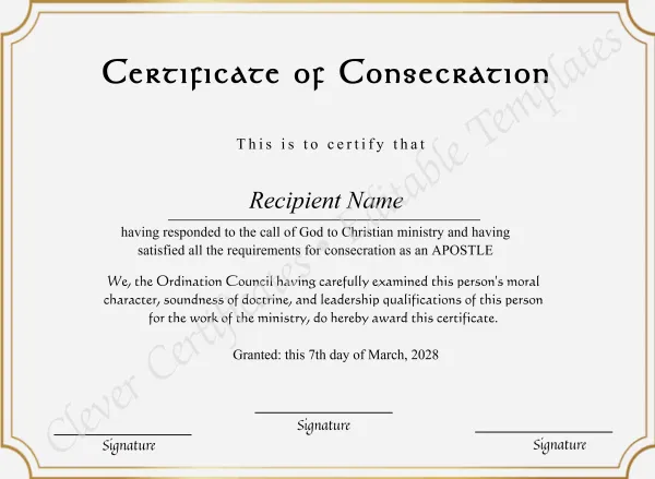 Downloadable Certificate Of Consecration