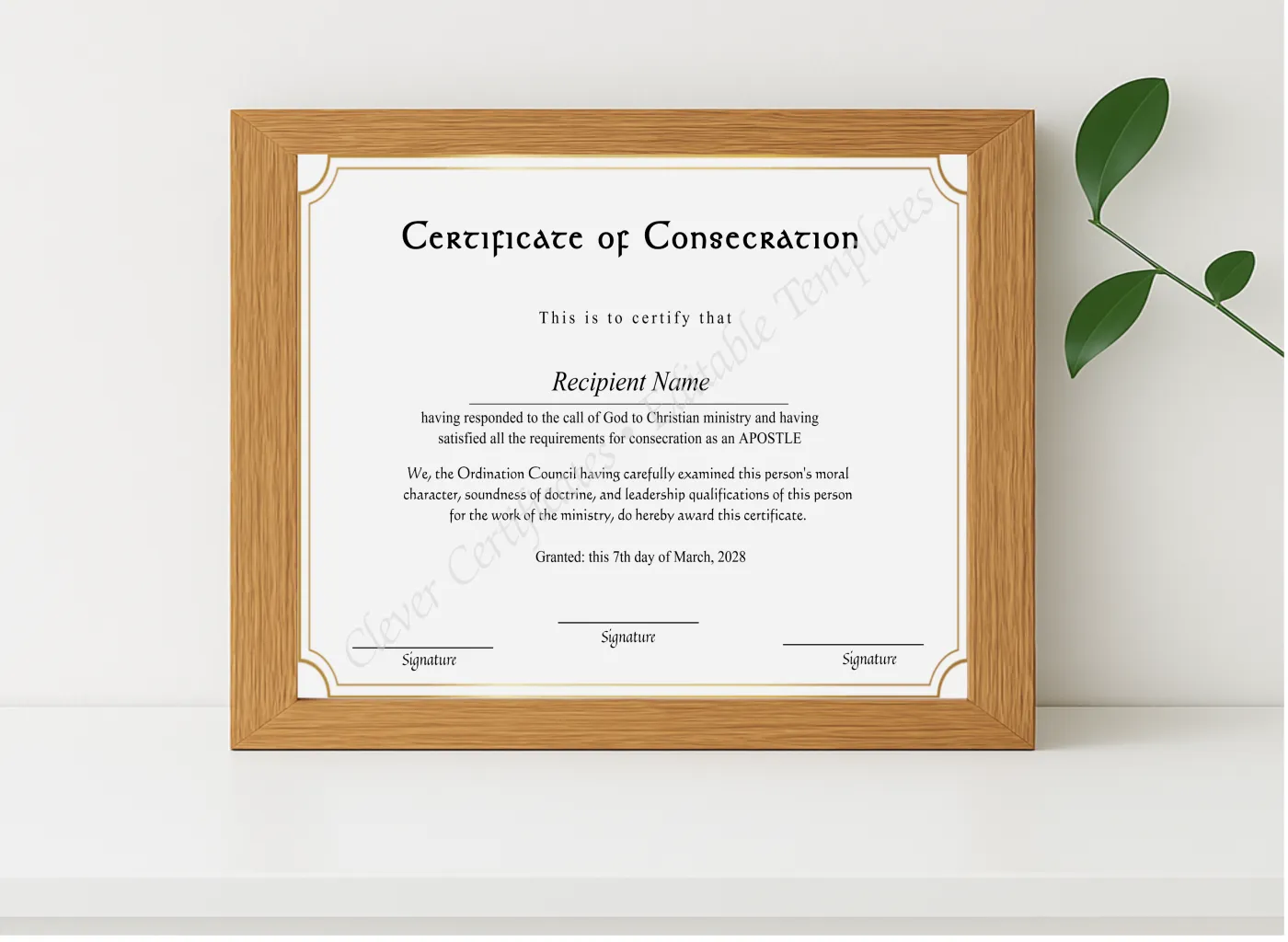 Realistic mockup featuring Downloadable Certificate Of Consecration displayed within a modern frame, set against a minimalistic background.