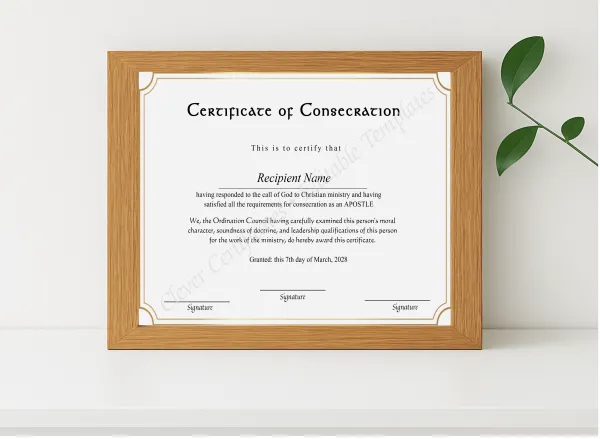 Realistic mockup featuring Downloadable Certificate Of Consecration displayed within a modern frame, set against a minimalistic background.
