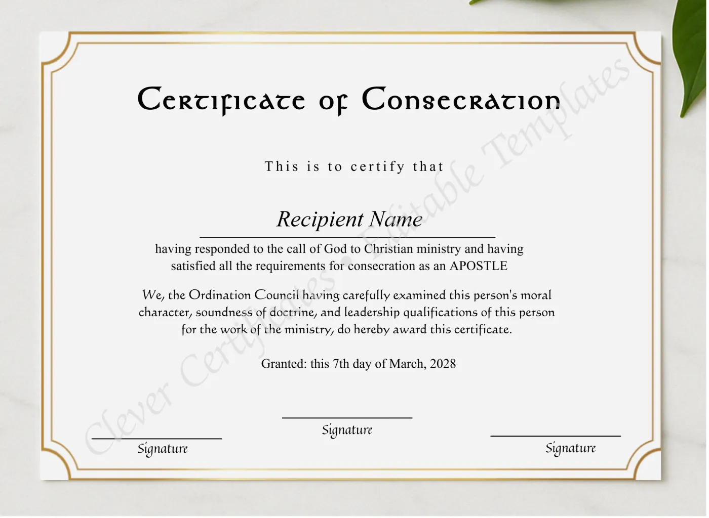 Downloadable Certificate Of Consecration presented in a sleek wooden frame, elegantly arranged on a stylish table.